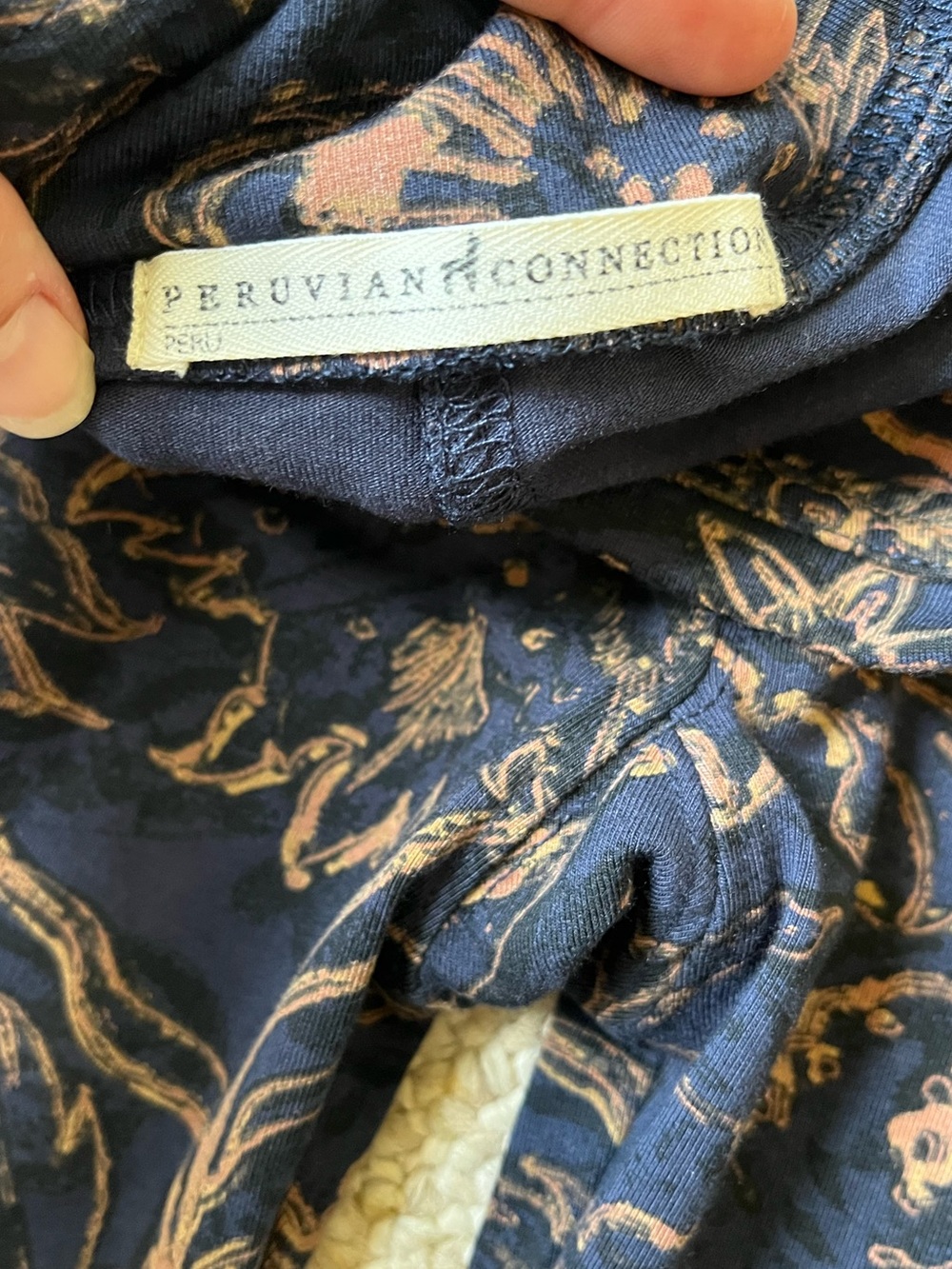 Peruvian Connection Stretch Floral Leggings Navy Blue Pima Cotton Blend Size LG - Picture 3 of 7